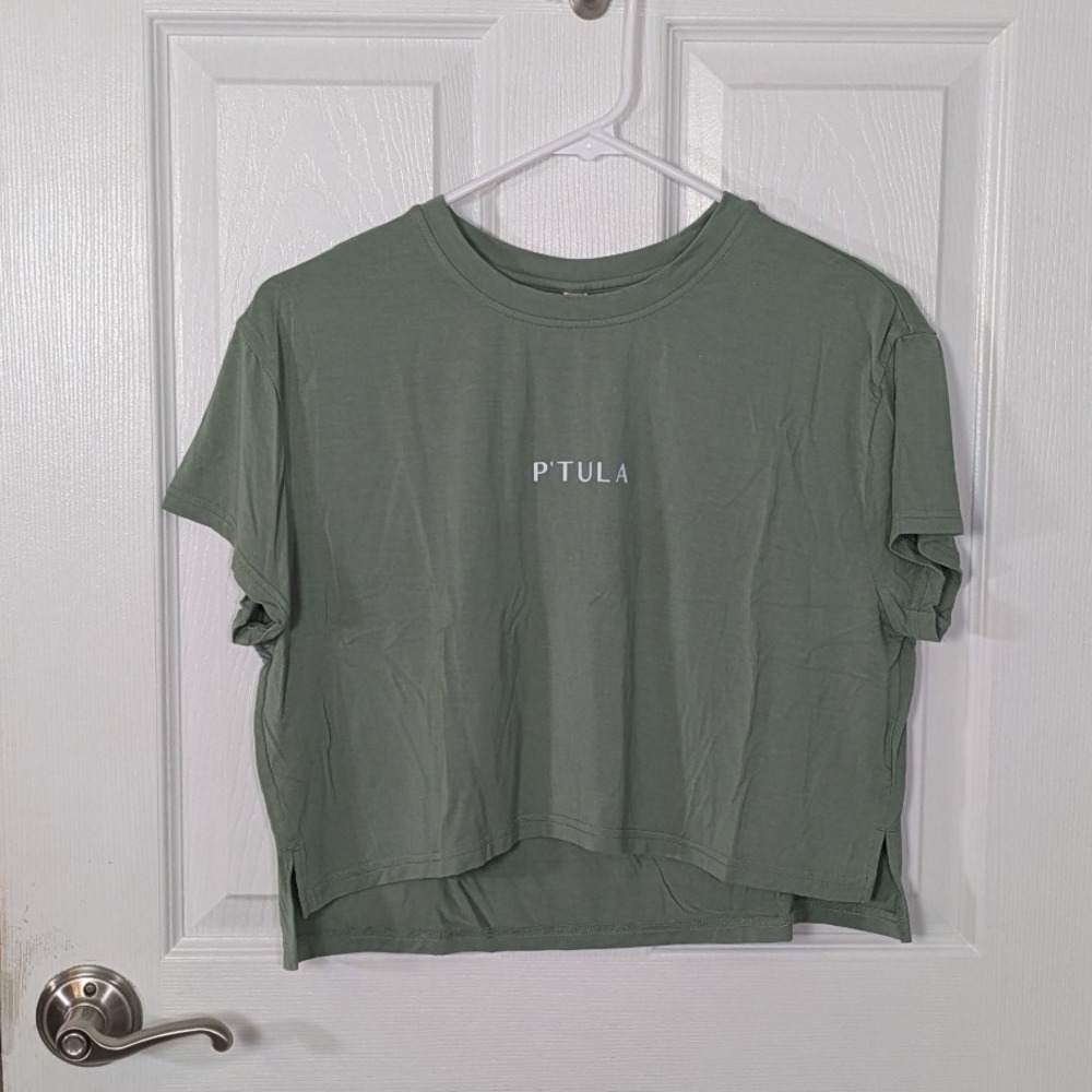 P'Tula Cropped T-Shirt Athleisure Activewear Top Short Sleeve‎ Olive Green Small